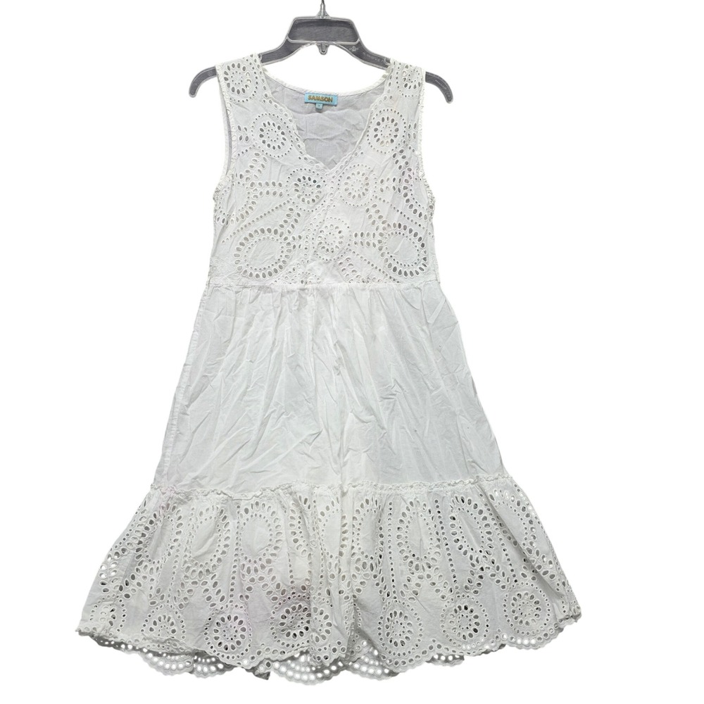 Samson White Eyelet Lace Sleeveless V-Neck‎ Tiered Mini Dress Womens Medium